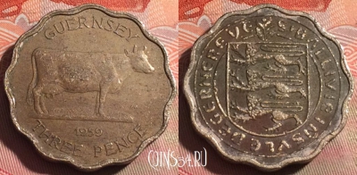 Гернси 3 пенса 1959 года, KM# 18, 253a-102