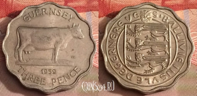 Гернси 3 пенса 1959 года, KM# 18, 282b-038