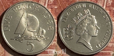 Гернси 5 пенсов 1988 года, KM# 42.1, UNC, 504s-124 ♛