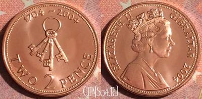 Гибралтар 2 пенса 2004 года, UNC, KM# 1044, 379-052