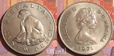 Гибралтар 25 новых пенсов 1971 года, KM# 5, 172b-073