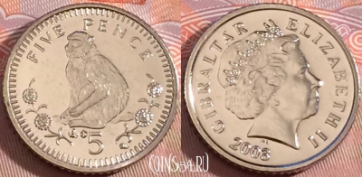 Гибралтар 5 пенсов 2003 года, KM# 775, UNC, 276-046