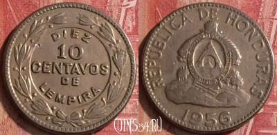 Гондурас 10 сентаво 1956 года, KM# 76.1, 455o-033 ♛