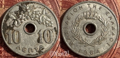 Греция 10 лепт 1964 года, KM# 78, 362s-075