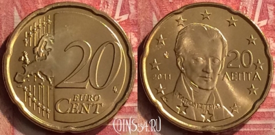 Греция 20 евроцентов 2011 года, KM# 212, UNC, 306m-099