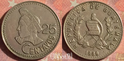 Гватемала 25 сентаво 1989 года, KM# 278, 134i-132