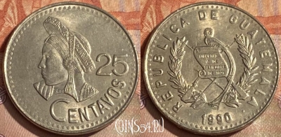 Гватемала 25 сентаво 1990 года, KM# 278, 121r-113 ♛