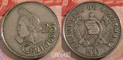 Гватемала 25 сентаво 1993 года, KM# 278, 143b-030