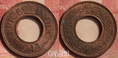 Индия (Британская) 1 пайс 1943 года, KM# 533, 108m-014