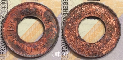 Индия (Британская) 1 пайс 1945 года, KM# 533, 153-049