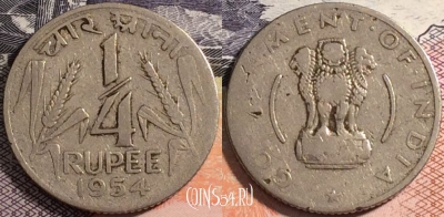 Индия 1/4 рупии 1954 года, KM# 5.3, 164-045