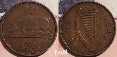 Ирландия 1/2 пенни 1942 года, KM# 10, 176-048