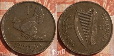 Ирландия 1 пенни 1931 года, KM# 3, 489р-048 ♛