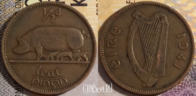 Ирландия 1/2 пенни 1941 года, KM# 10, 157-021