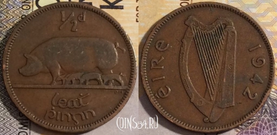 Ирландия 1/2 пенни 1942 года, KM# 10, 157-055