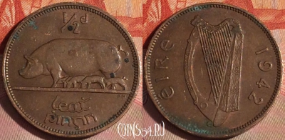 Ирландия 1/2 пенни 1942 года, KM# 10, 115b-113
