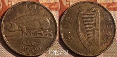 Ирландия 1/2 пенни 1943 года, KM# 10, 071t-128 ♛