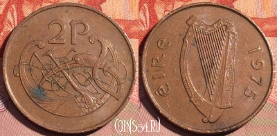Ирландия 2 пенса 1975 года, KM# 21, 082c-023
