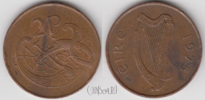 Ирландия 2 пенса 1975 года, KM 21, 134-027