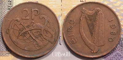 Ирландия 2 пенса 1980 года, KM# 21, 154-010