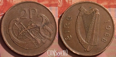 Ирландия 2 пенса 1988 года, не магн., KM# 21, 203l-113