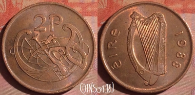 Ирландия 2 пенса 1988 года, KM# 21a, 051i-186