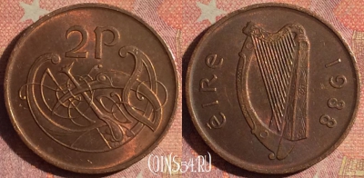 Ирландия 2 пенса 1988 года, KM# 21a, 201i-084