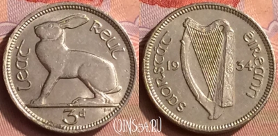 Ирландия 3 пенса 1934 года, KM# 4, 412-044