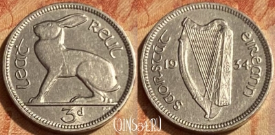 Ирландия 3 пенса 1934 года, KM# 4, 462q-112 ♛