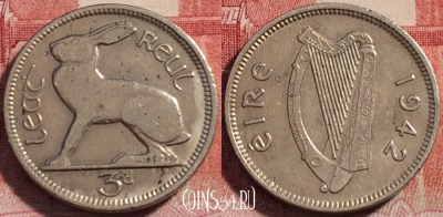 Ирландия 3 пенса 1942 года, KM# 12a, 260-110