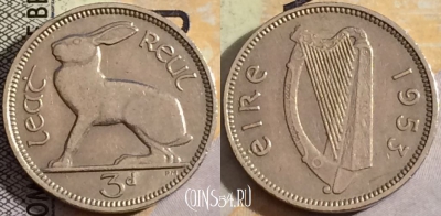 Ирландия 3 пенса 1953 года, KM# 12a, 157-013