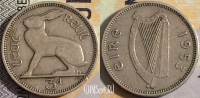 Ирландия 3 пенса 1953 года, KM# 12a, 157-058