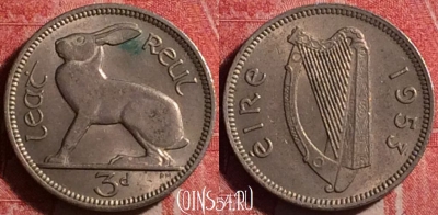 Ирландия 3 пенса 1953 года, KM# 12a, 188j-088