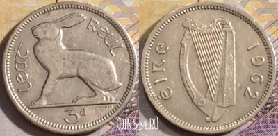 Ирландия 3 пенса 1962 года, KM# 12a, 157-053
