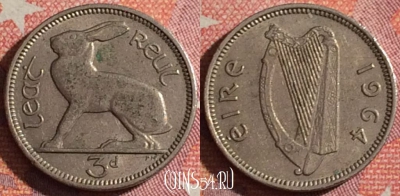 Ирландия 3 пенса 1964 года, KM# 12a, 356-102