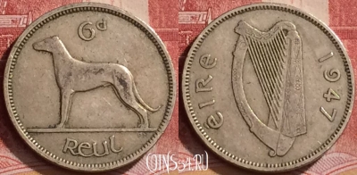 Ирландия 6 пенсов 1947 года, KM# 13а, 140l-032
