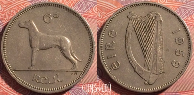 Ирландия 6 пенсов 1959 года, KM# 13а, 175-093