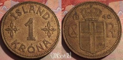 Исландия 1 крона 1940 года, KM# 3, 142b-053