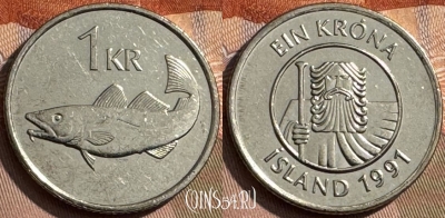 Исландия 1 крона 1991 года, KM# 27a, 293s-016