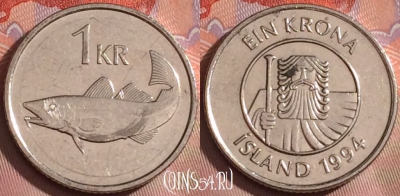 Исландия 1 крона 1994 года, KM# 27a, 240k-120