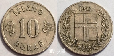 Исландия 10 эйре 1953 года, KM# 10, 072-027a