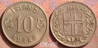 Исландия 10 эйре 1966 года, KM# 10, 057l-105