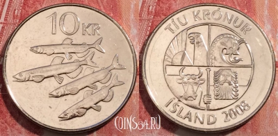 Исландия 10 крон 2008 года, KM# 29.1a, 253-001