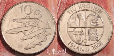 Исландия 10 крон 2008 года, KM# 29.1a, 253-002