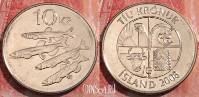 Исландия 10 крон 2008 года, KM# 29.1a, 253-003