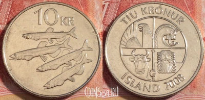 Исландия 10 крон 2008 года, KM# 29.1a, 257-086