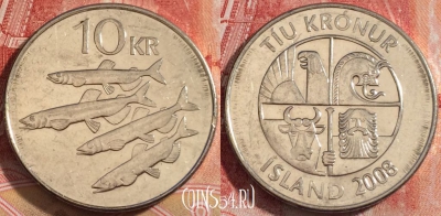 Исландия 10 крон 2008 года, KM# 29.1a, 257-087