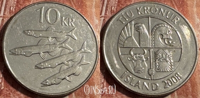 Исландия 10 крон 2008 года, KM# 29.1a, 490s-090