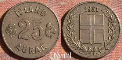 Исландия 25 эйре 1951 года, KM# 11, 177i-103