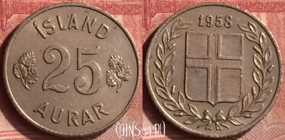 Исландия 25 эйре 1958 года, KM# 11, 130m-096
